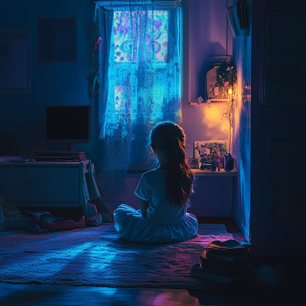 Child Alone in Her Neon Bedroom