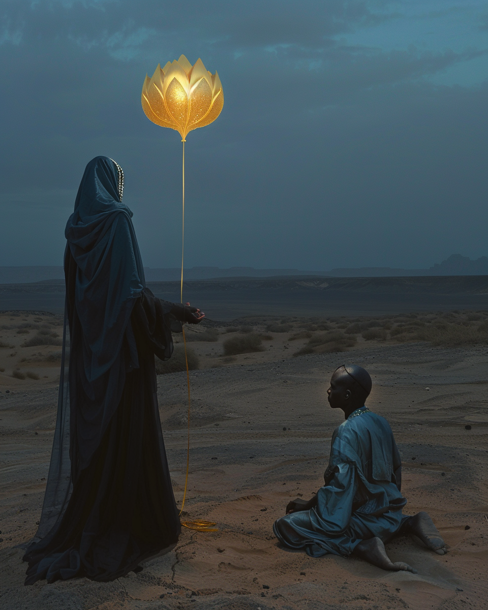 Mysterious Desert Scene with Woman, Man, and Balloon