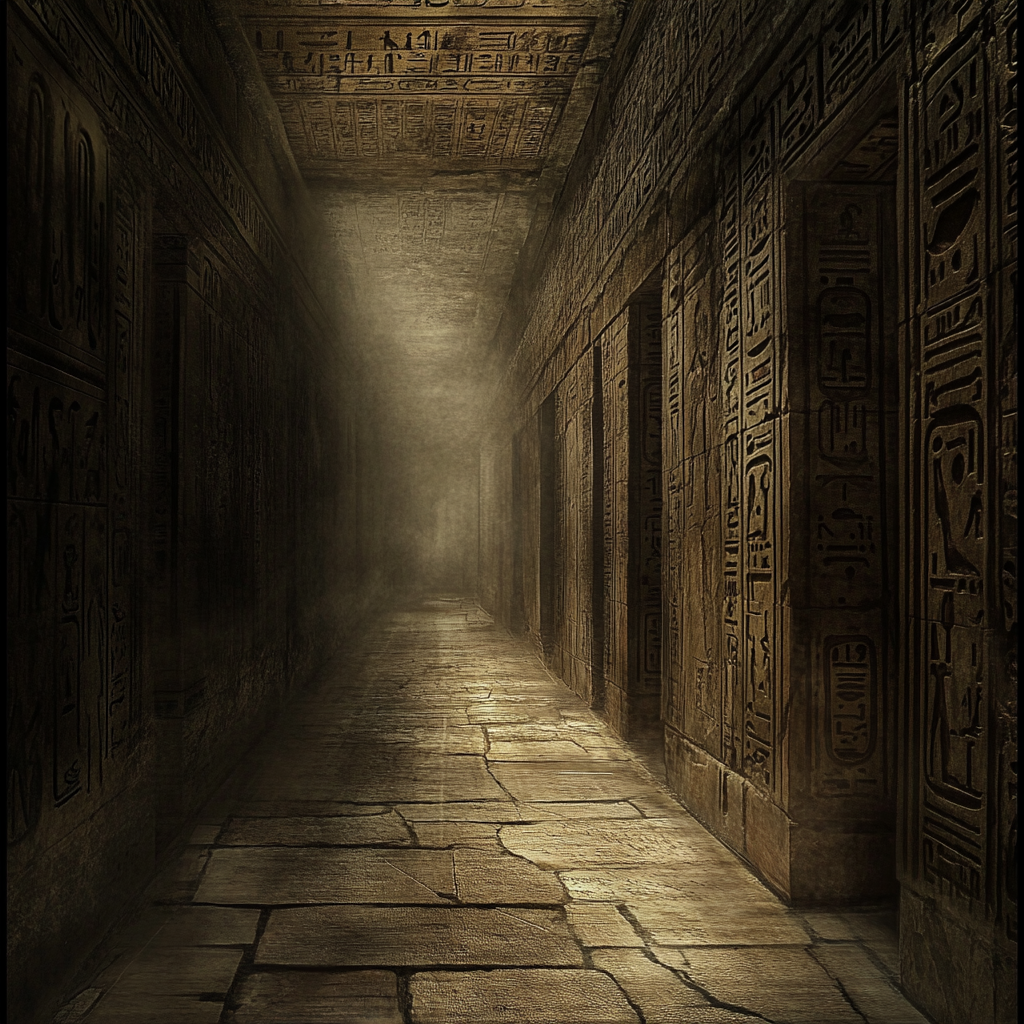 Mysterious Egyptian Labyrinth Tunnel in Realistic Fantasy Style.