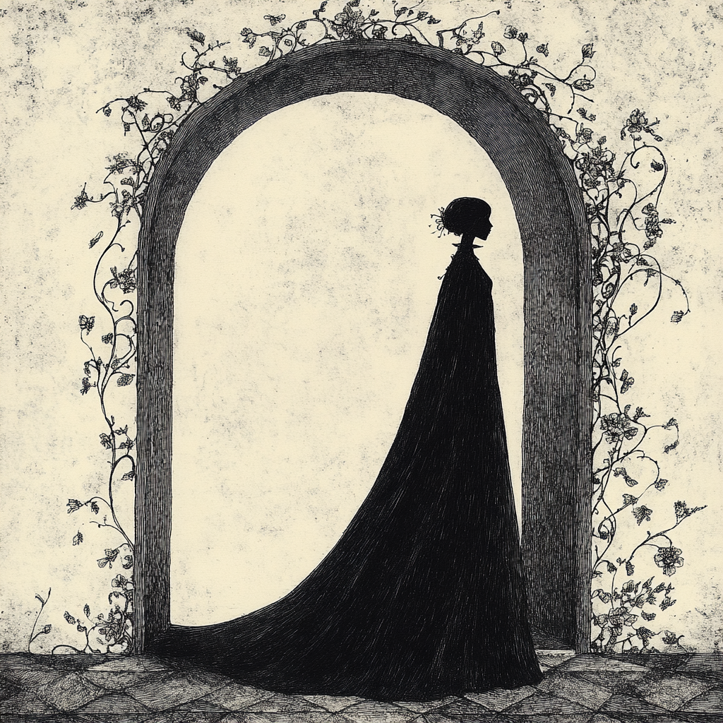 Mysterious Figure in Black Gown under Floral Archway