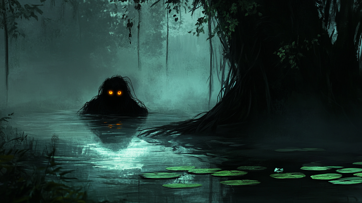 Mysterious Figure in Dark Jungle Water's Edge