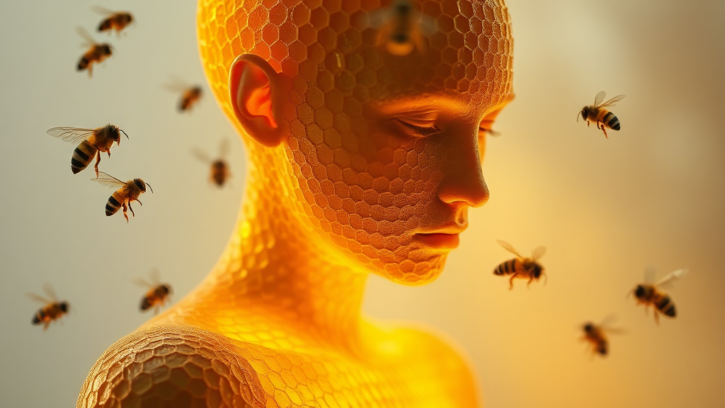 Mysterious Figure with Golden Honeycomb Texture and Bees