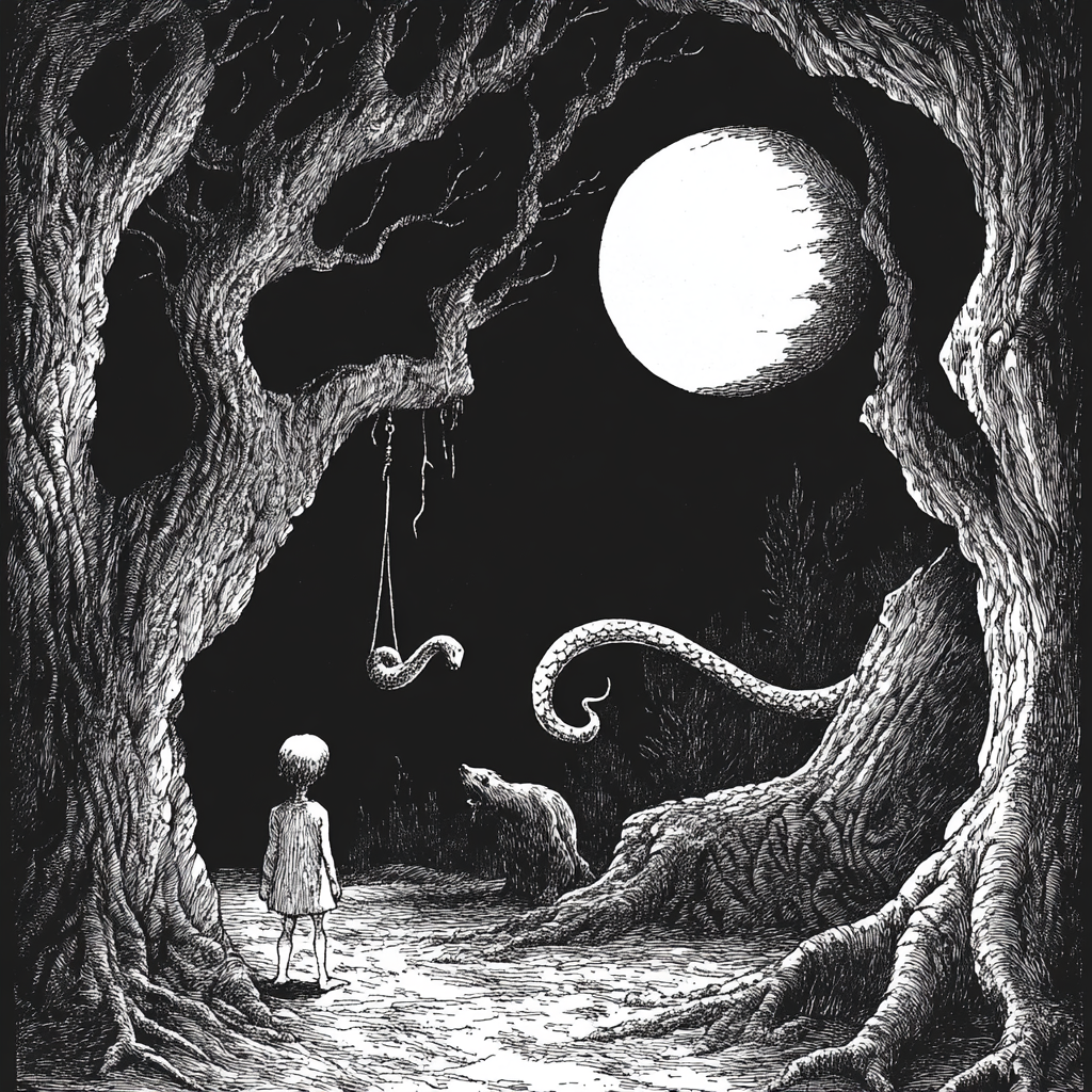 Mysterious Forest with Characters in Edward Gorey Style