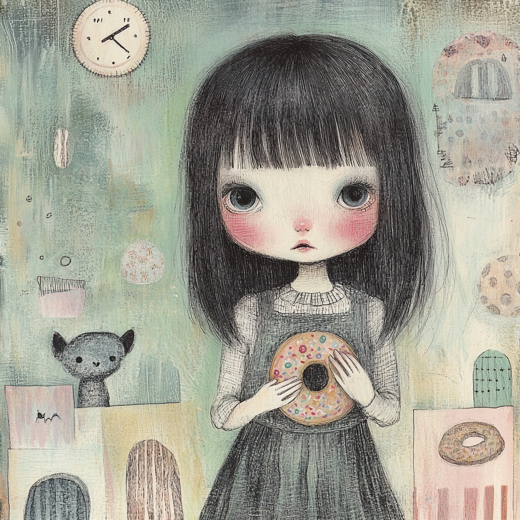 Mysterious Girl Holding Donut in Dreamlike Setting