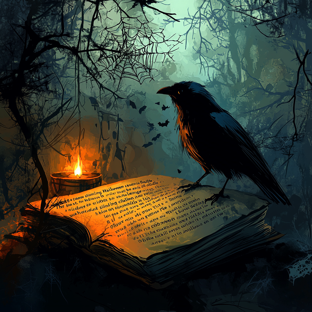 Mysterious Halloween Riddle: Old book, crow, candle