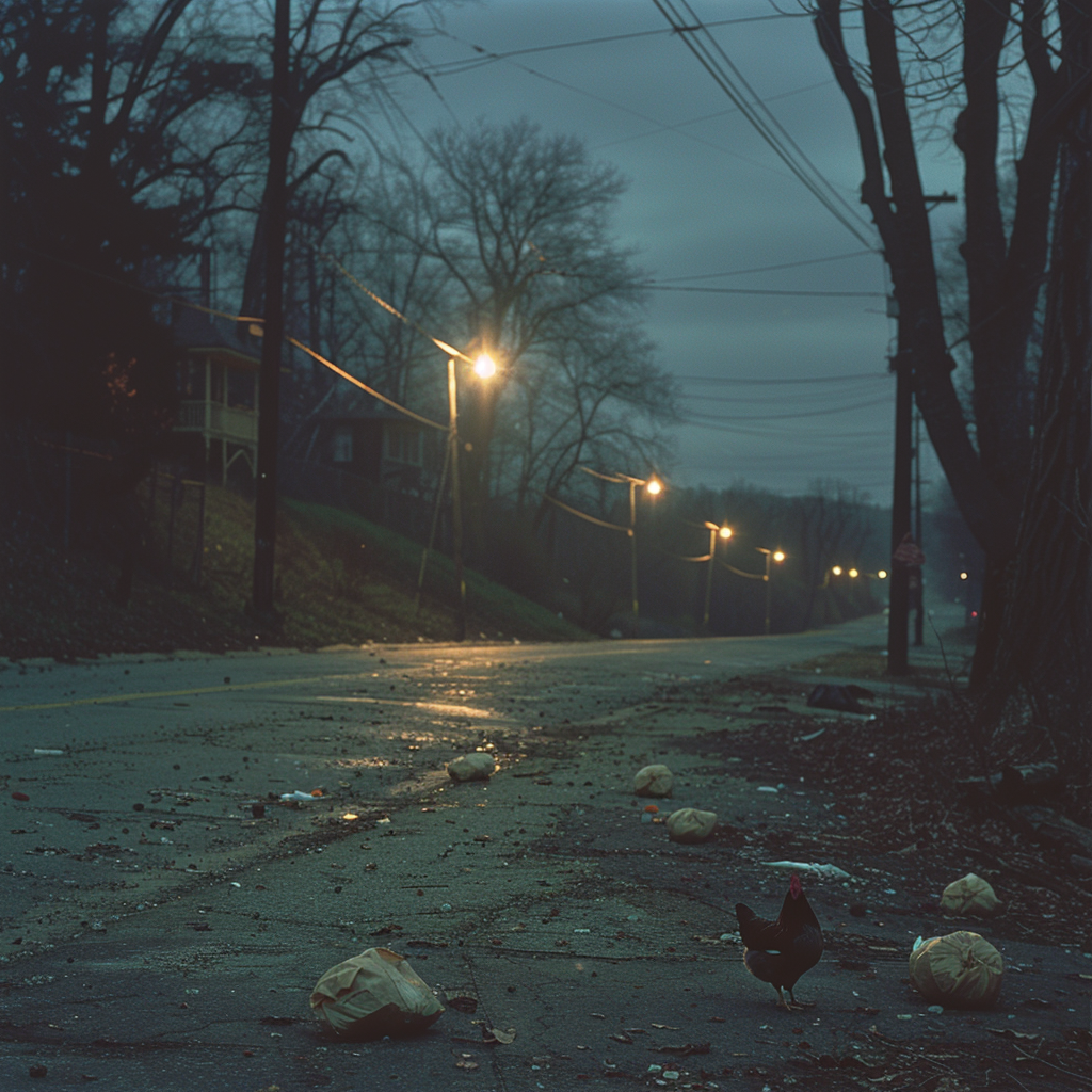 Mysterious Night: Empty road, glowing streetlights, hen companions