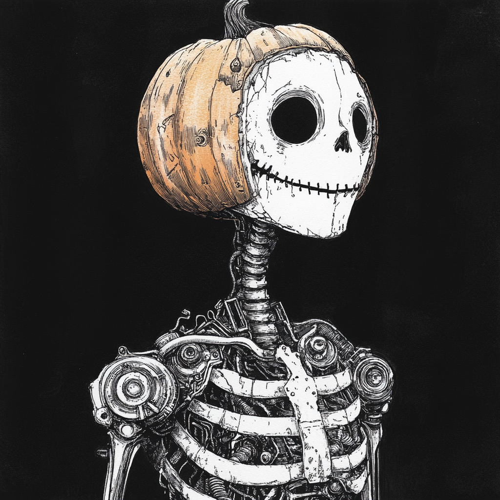 Mysterious Pumpkin-Headed Robot: A Gothic Illustration