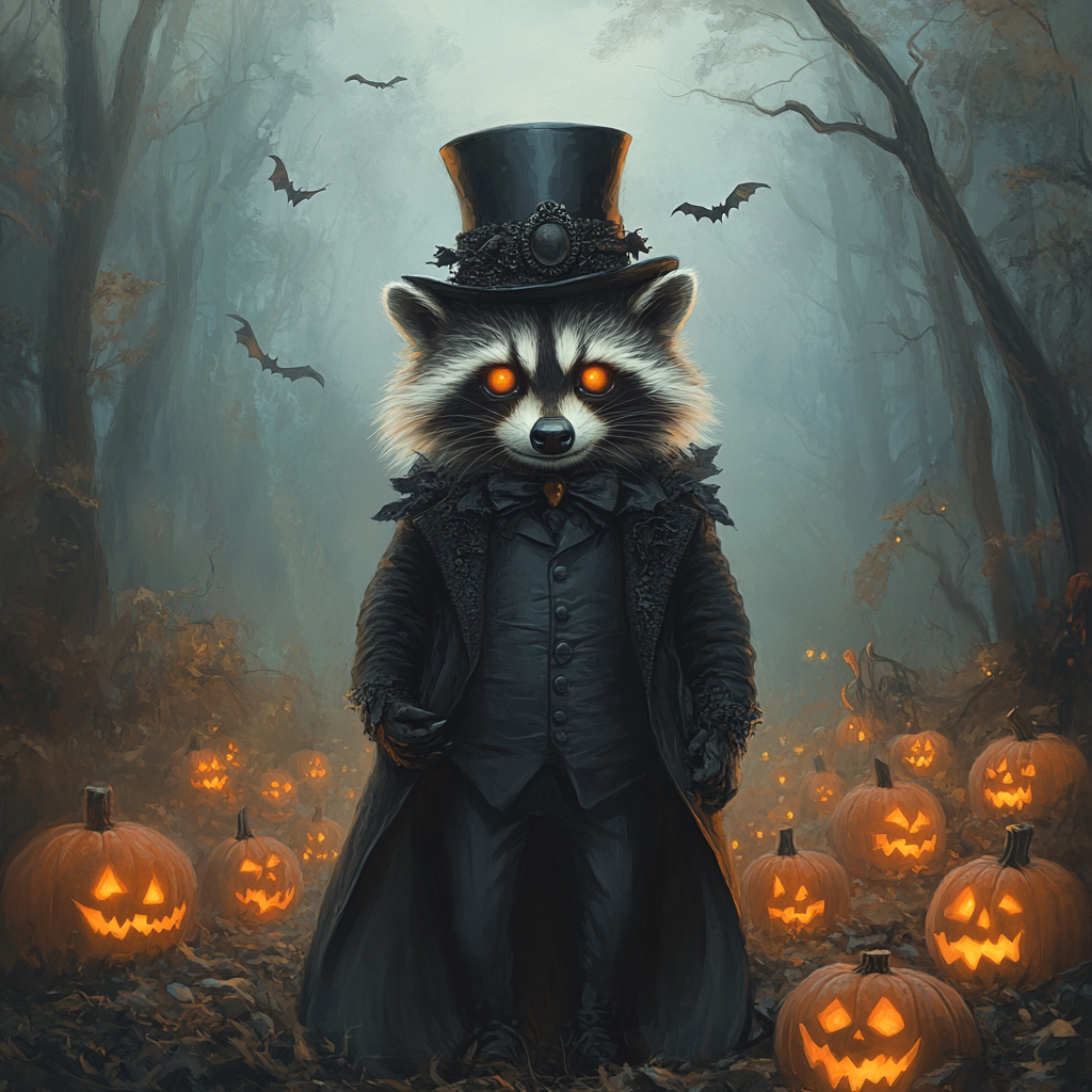 Mysterious Raccoon in Spooky Pumpkin Forest