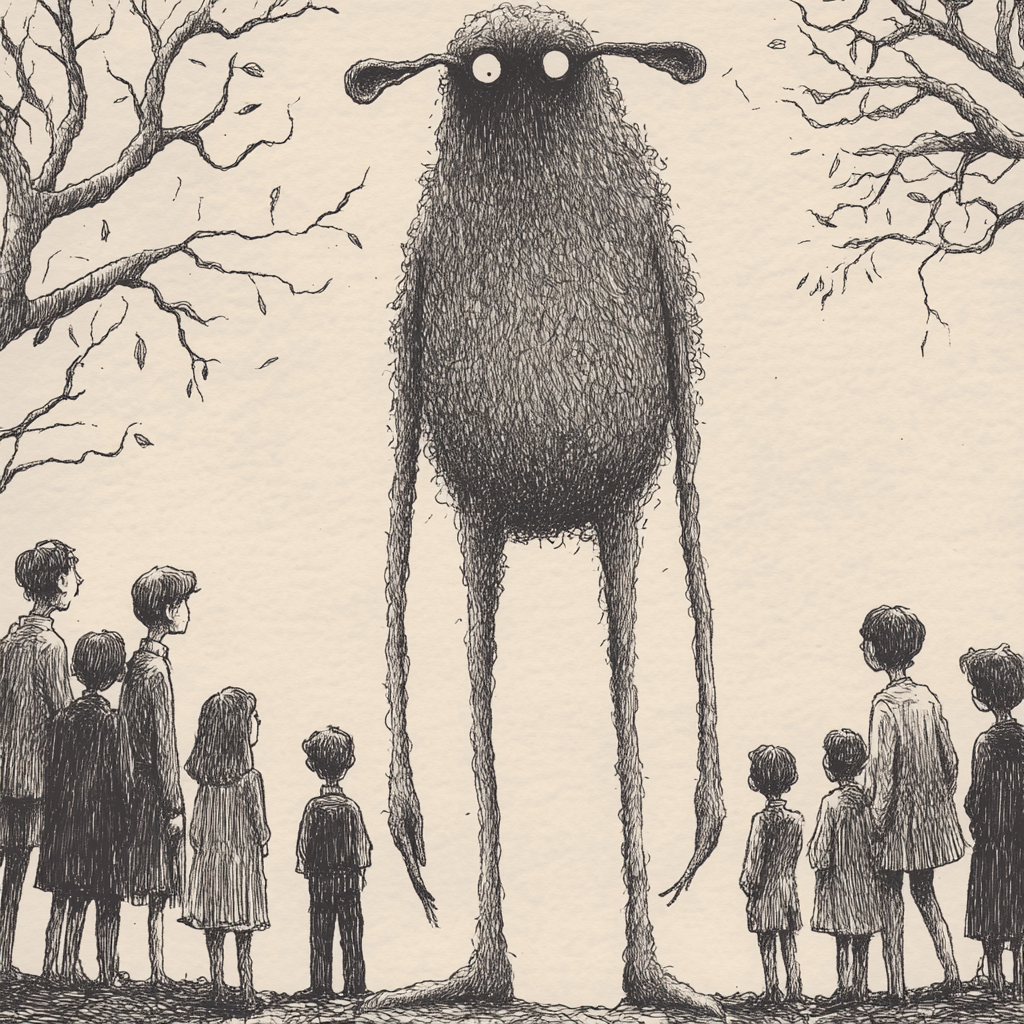 Mysterious Sheep Creature Among Curious Children.