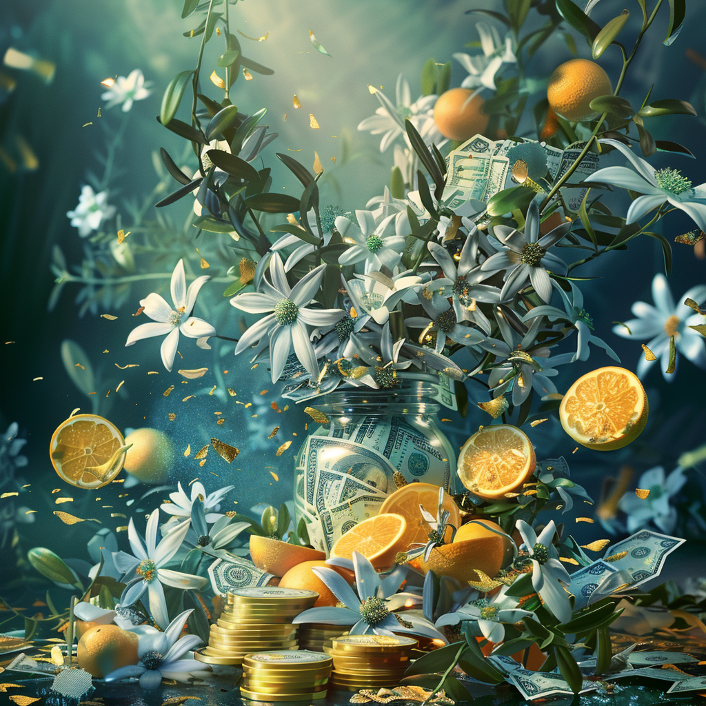 Mysterious Starlet Background with Mediterranean Citrus, Licorice Flowers, Cash Money & Gold