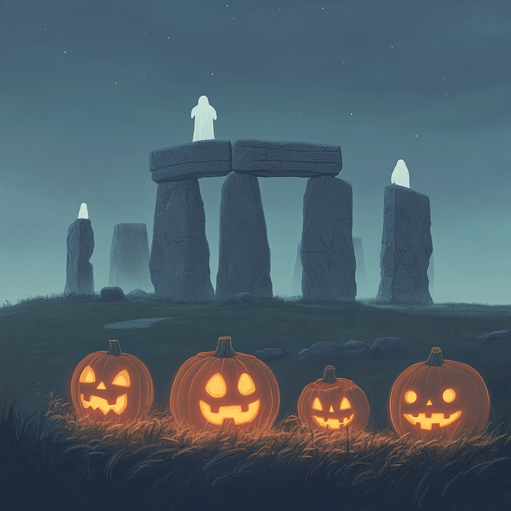 Mysterious Stonehenge with Carved Pumpkins and Ghostly Figures