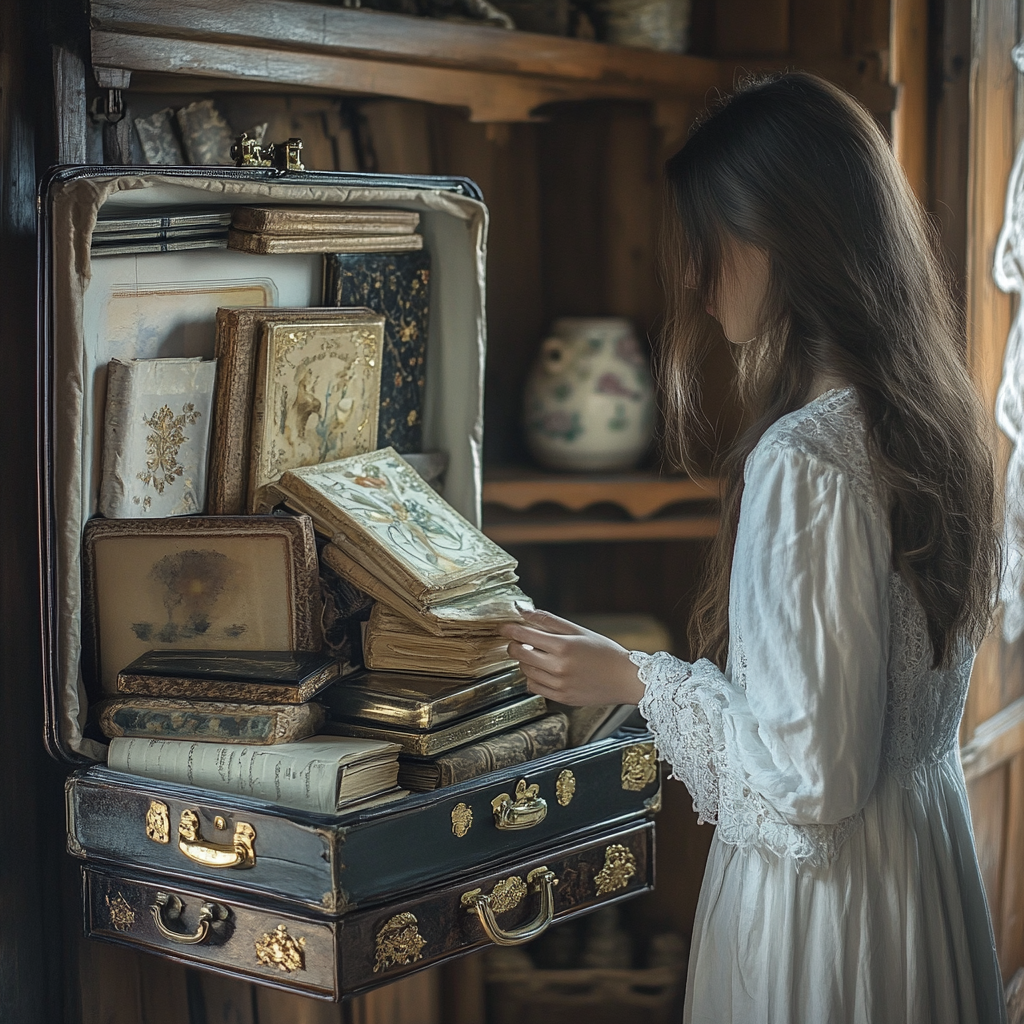 Mysterious Suitcase's Unfolding Surprises: Books, Scrolls, Clothes.