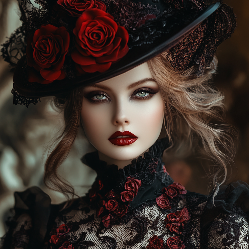 Mysterious Victorian lady in red and black lace.