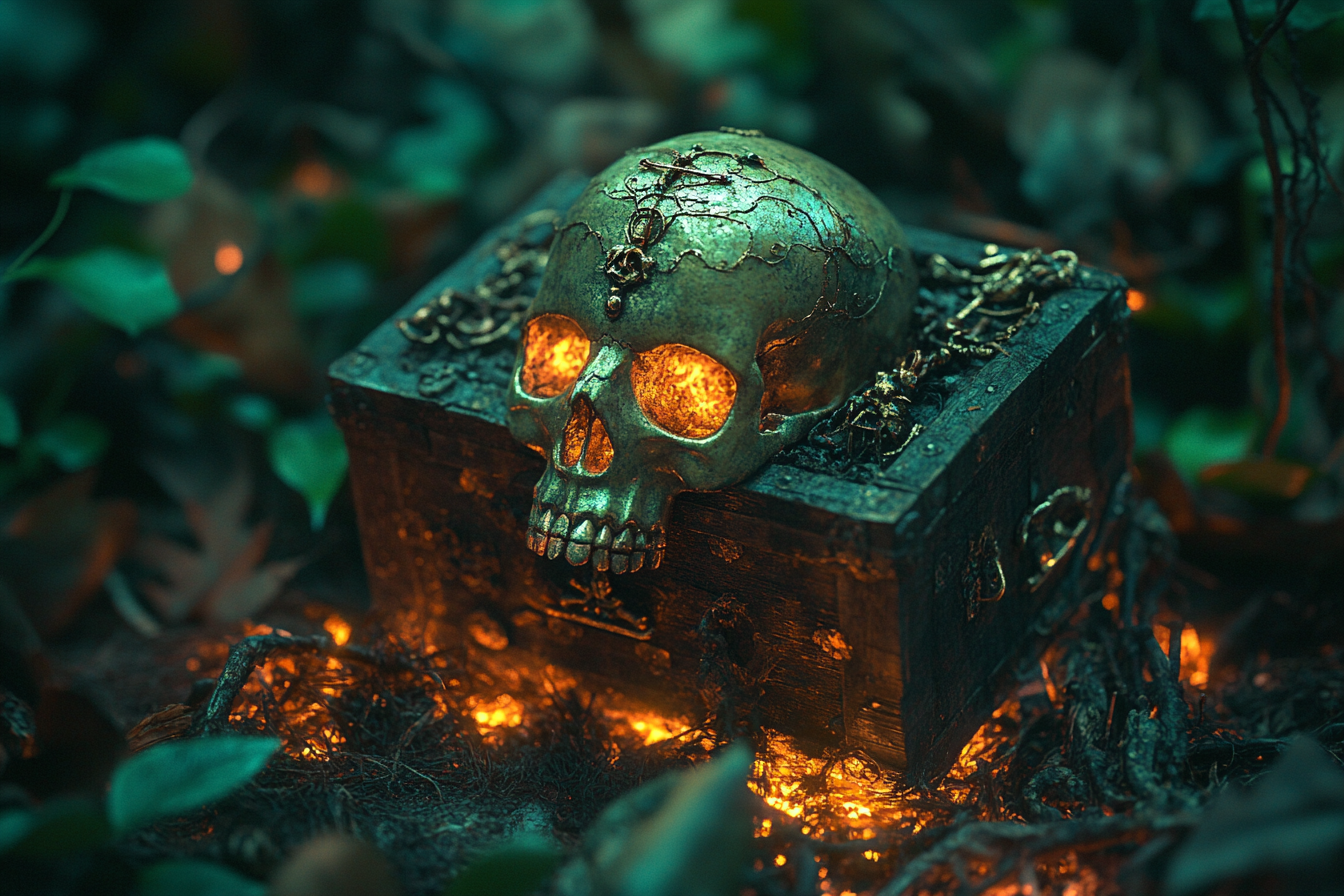 Mysterious box with forest sounds, enchanting skull in light.