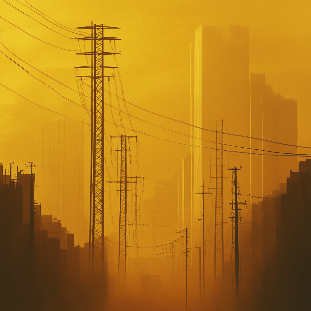 Mysterious cityscape with high-voltage towers in fog