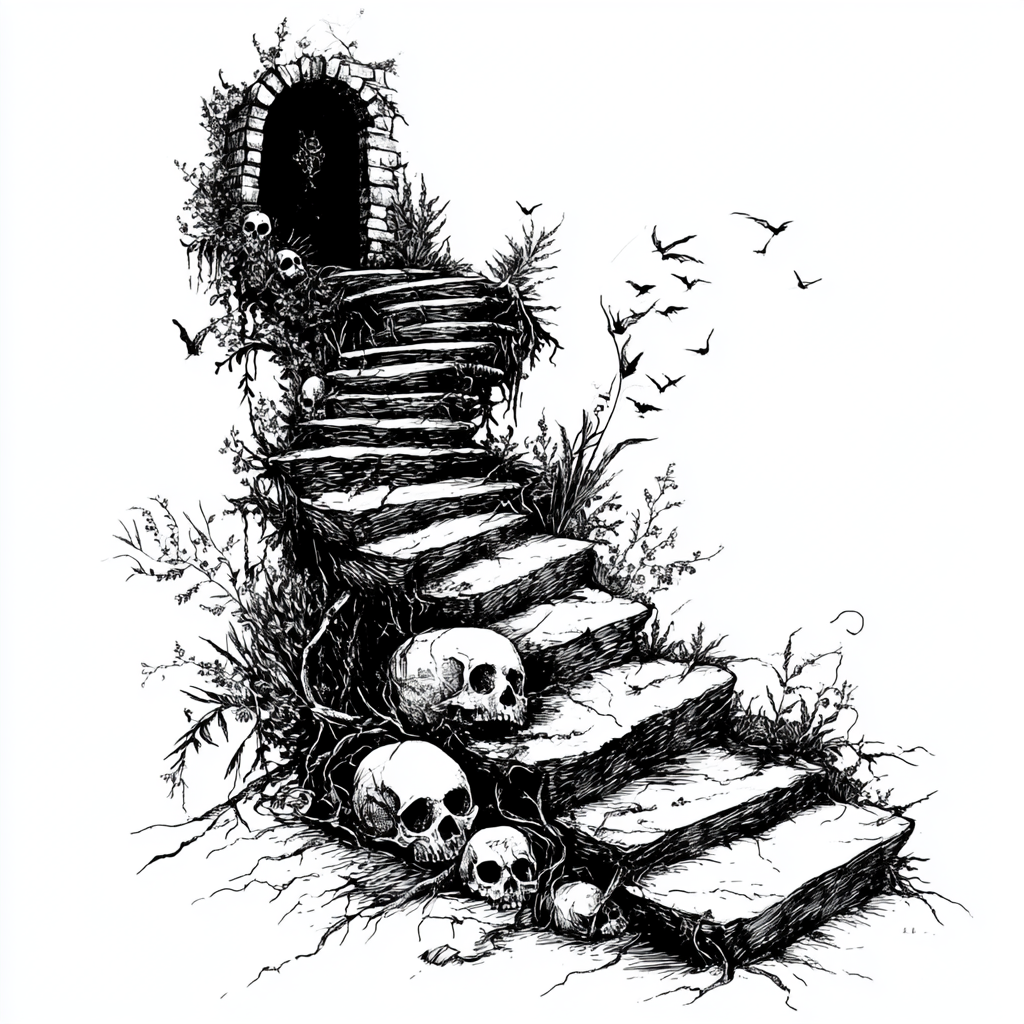 Mysterious door on winding stairs with roots and skulls.