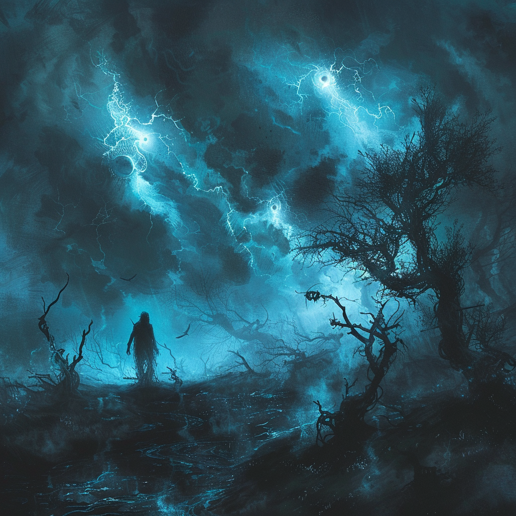 Mysterious figure in eerie landscape with twisted trees.