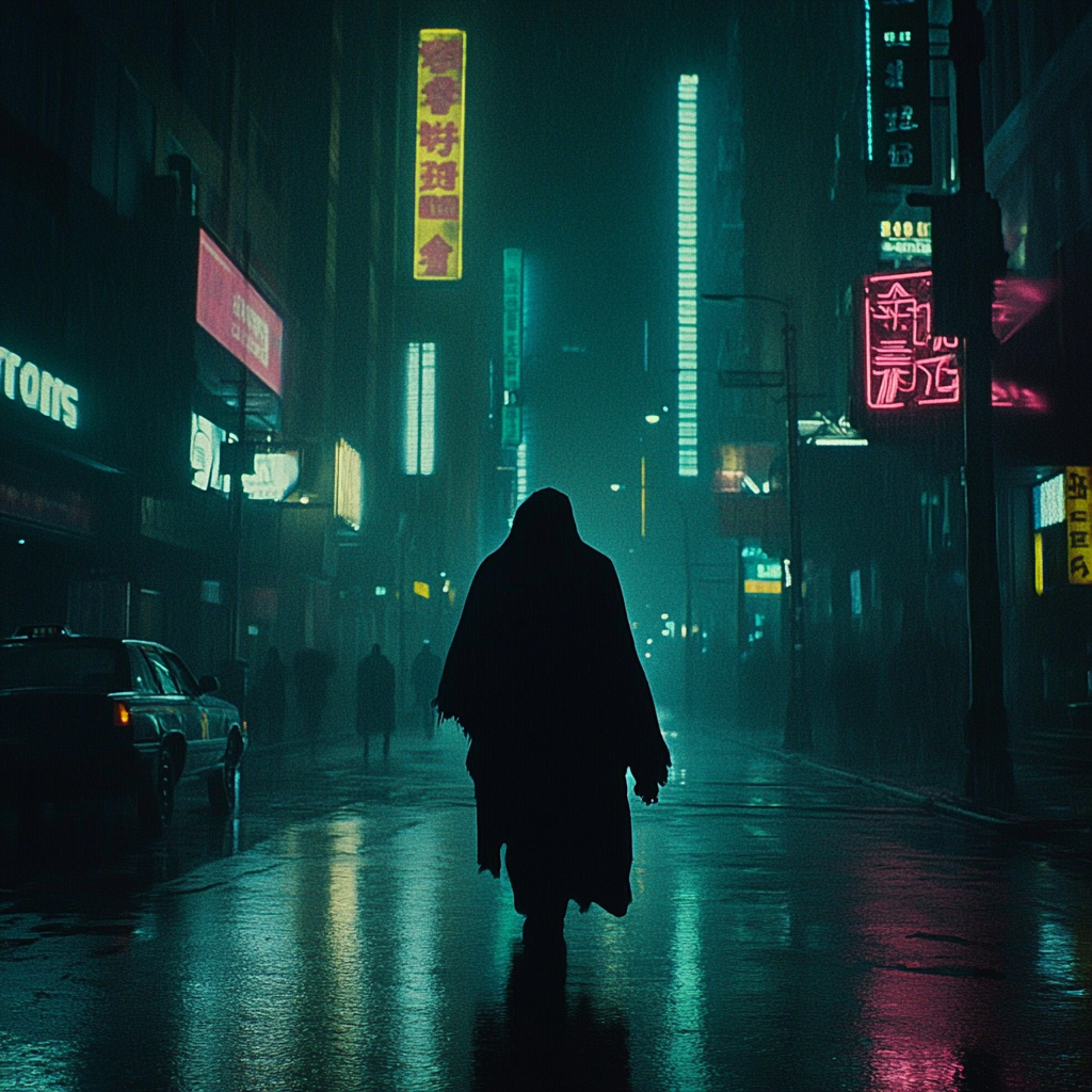 Mysterious figure in transparent cloak walking in city