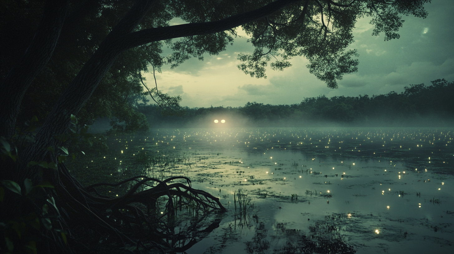 Mysterious figure watches from dark, misty jungle pond.