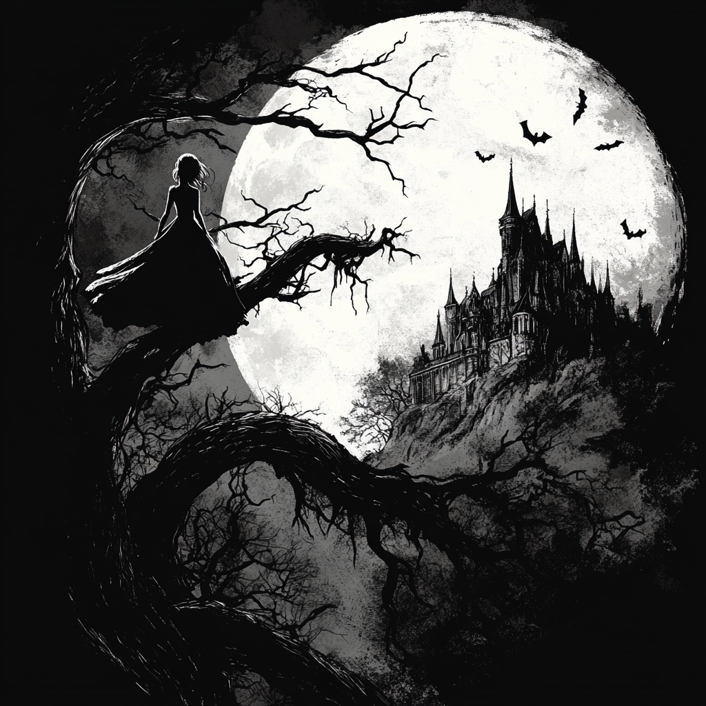 Mysterious figure with castle, bats, and eerie moon