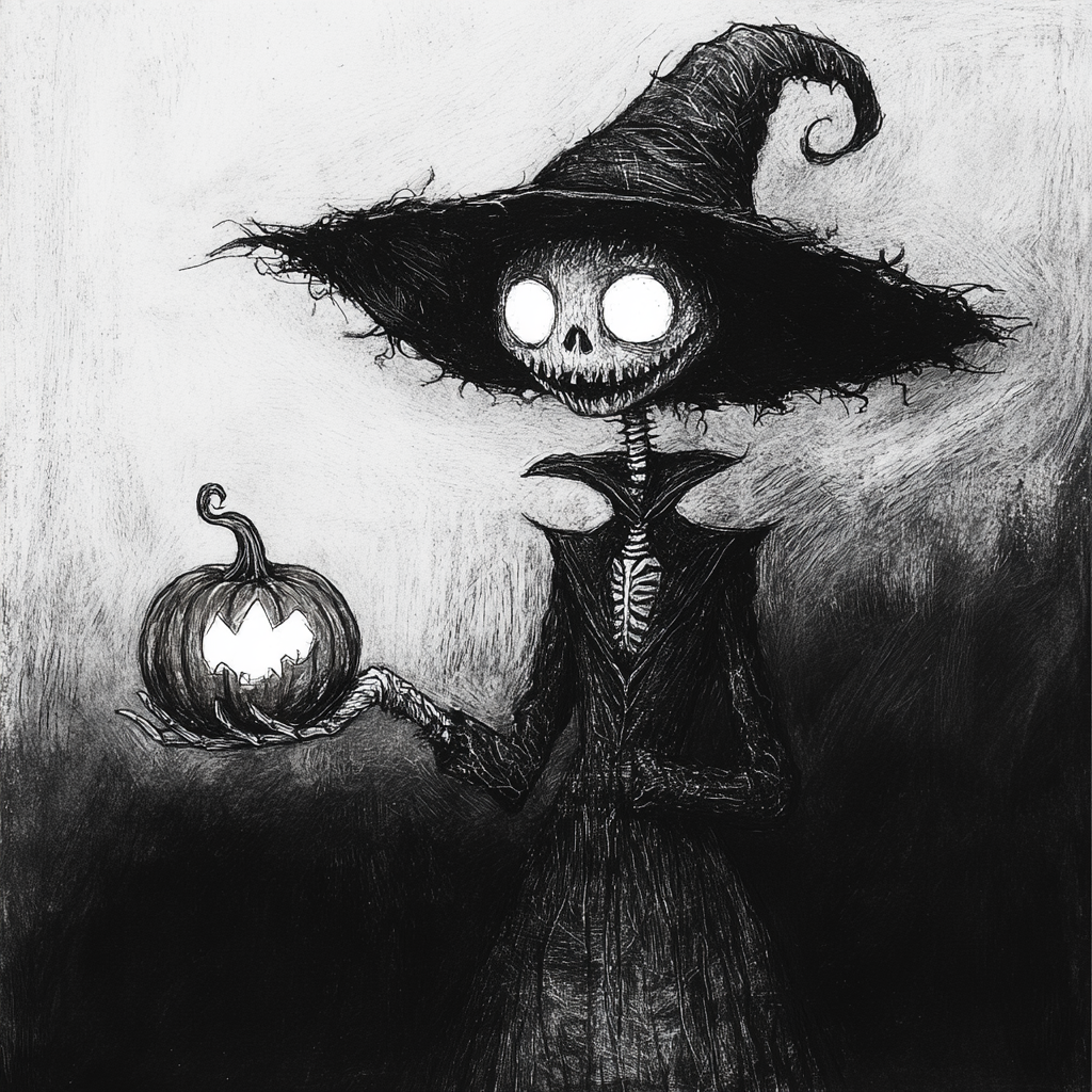 Mysterious figure with glowing pumpkin in eerie scene