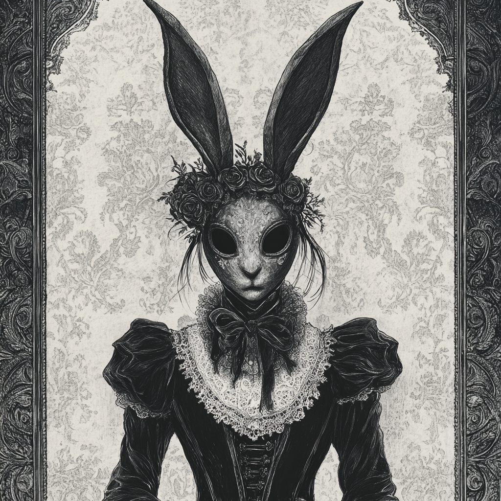 Mysterious gothic figure with rabbit ears in Victorian attire