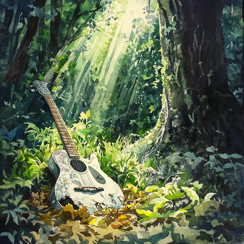 Mysterious guitar hidden in magical forest clearing