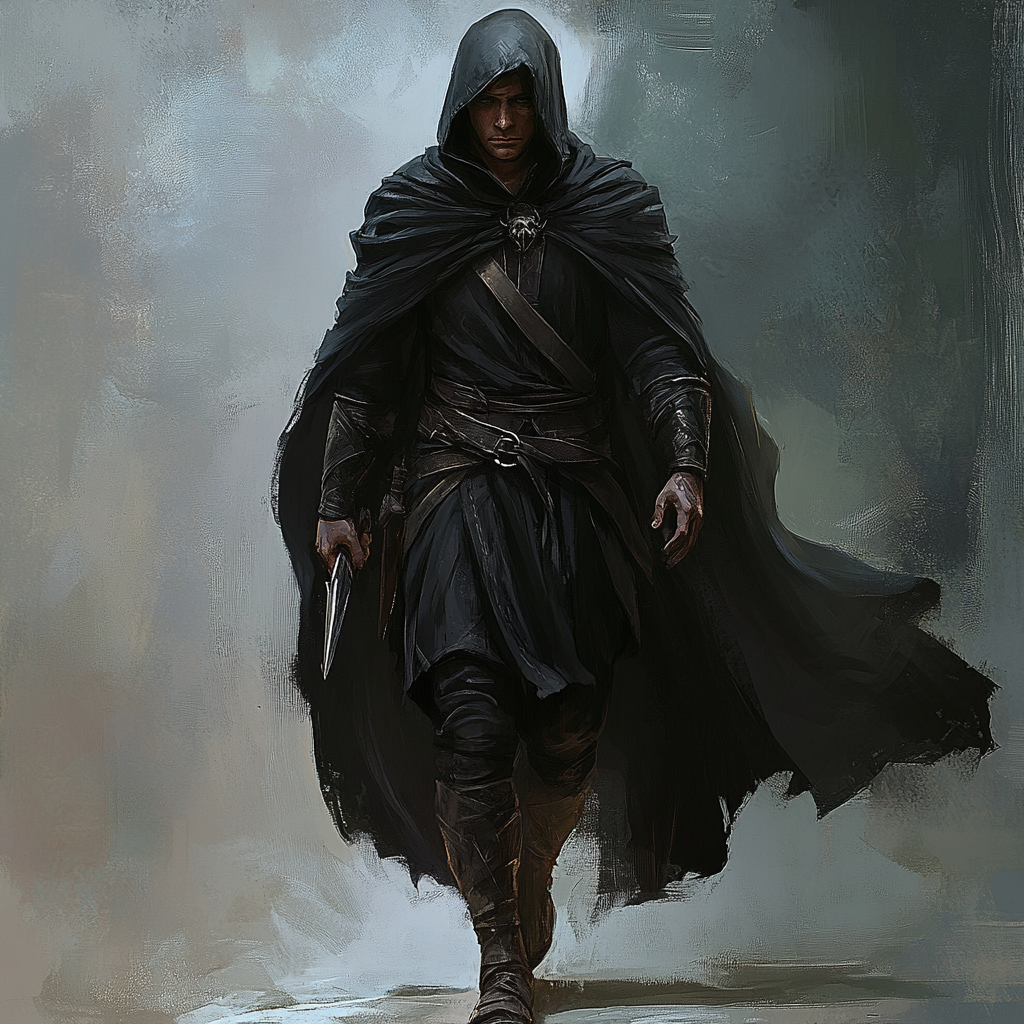 Mysterious male wood elf rogue in black cape