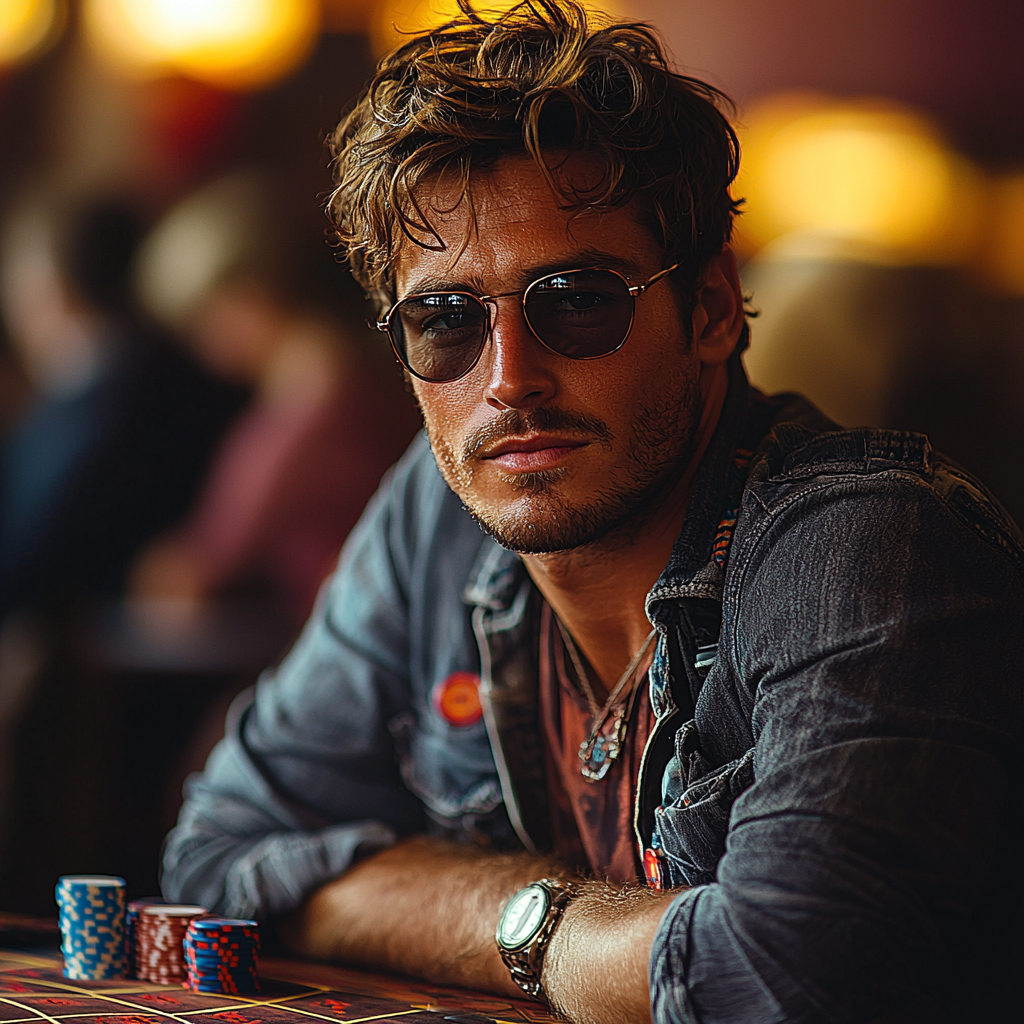 Mysterious man at calm poker table with sunglasses.