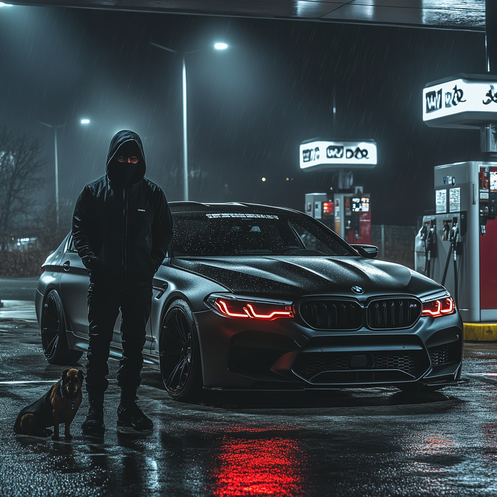 Mysterious man at gas station with black BMW