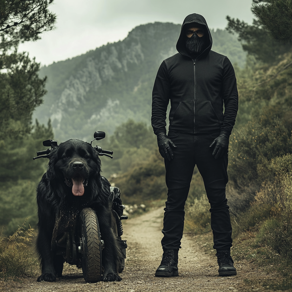 Mysterious man in black with dog and motorcycle