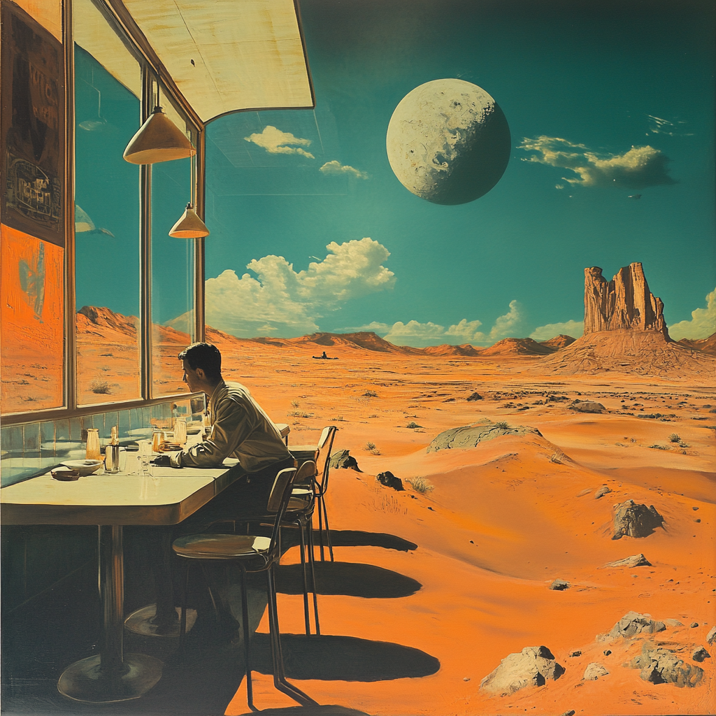 Mysterious man sits alone in desert diner window