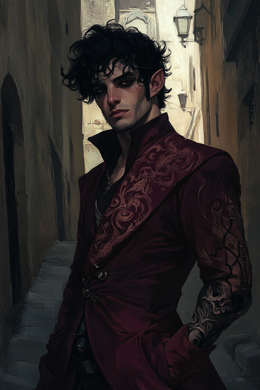 Mysterious man with tattoos in maroon clothing portrait.