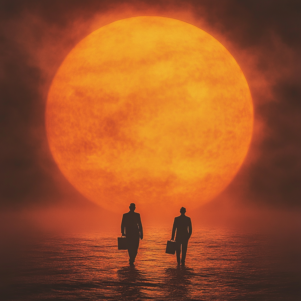 Mysterious ocean sunset with silhouetted figures walking.