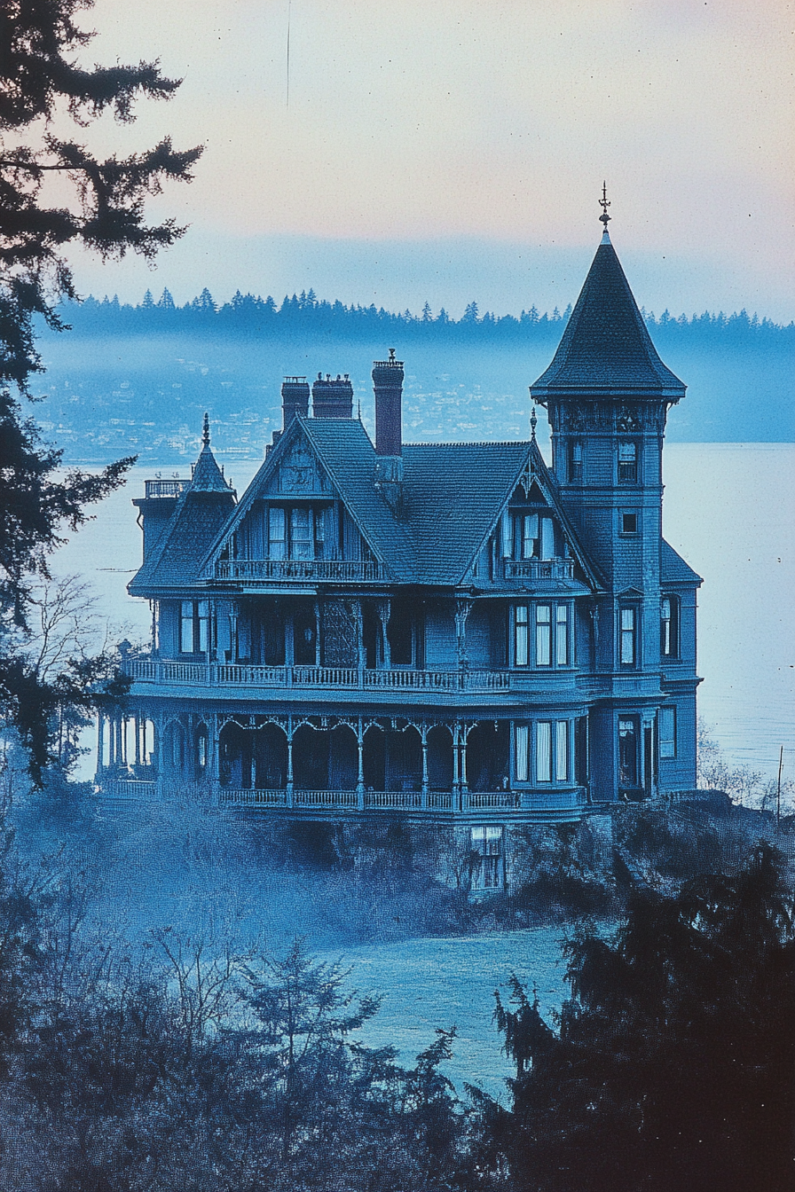 Mysterious old mansion on cliff by the sea.