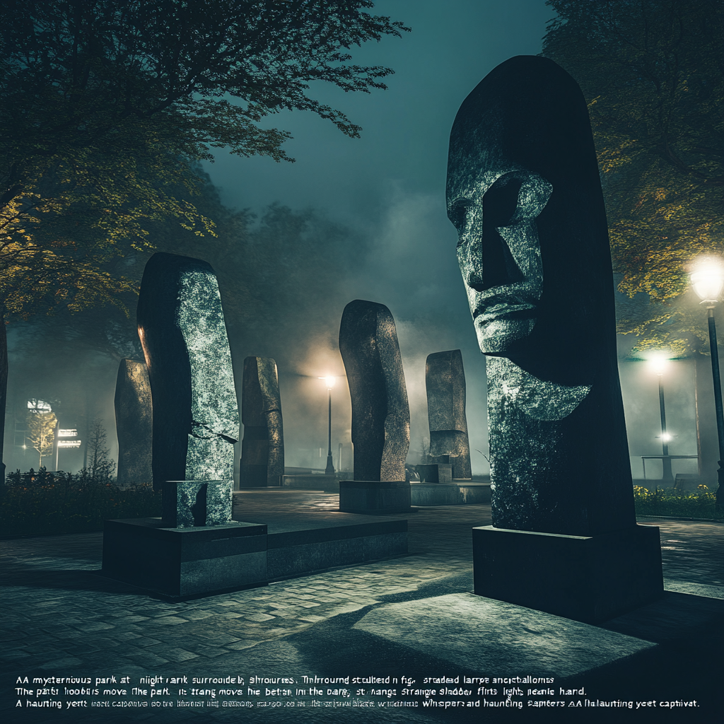 Mysterious park at night with ancient sculptures and fog.