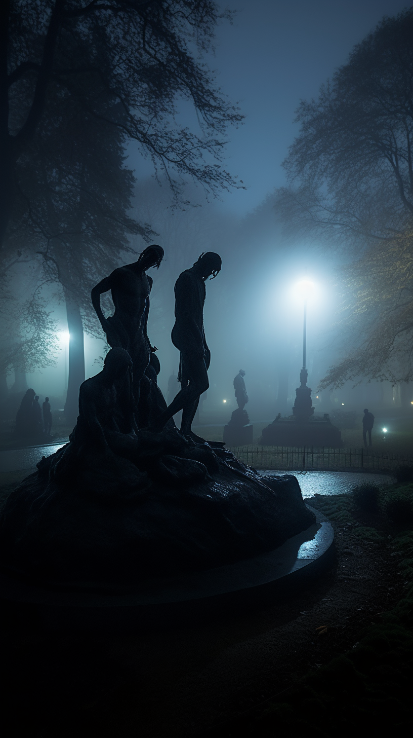 Mysterious park at night with ancient sculptures and ghosts.