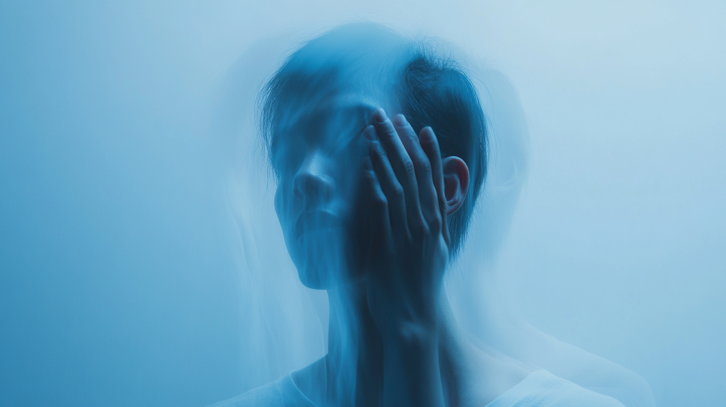 Mysterious person adjusting ear on light blue background.