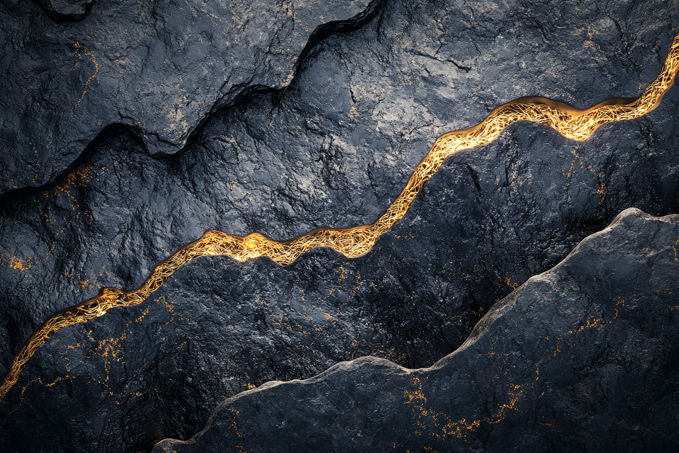 Mysterious river of golden lava on rocky surface