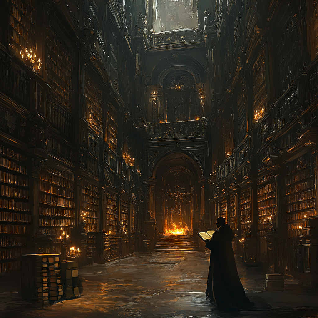 Mysterious scholar in ancient library with glowing book