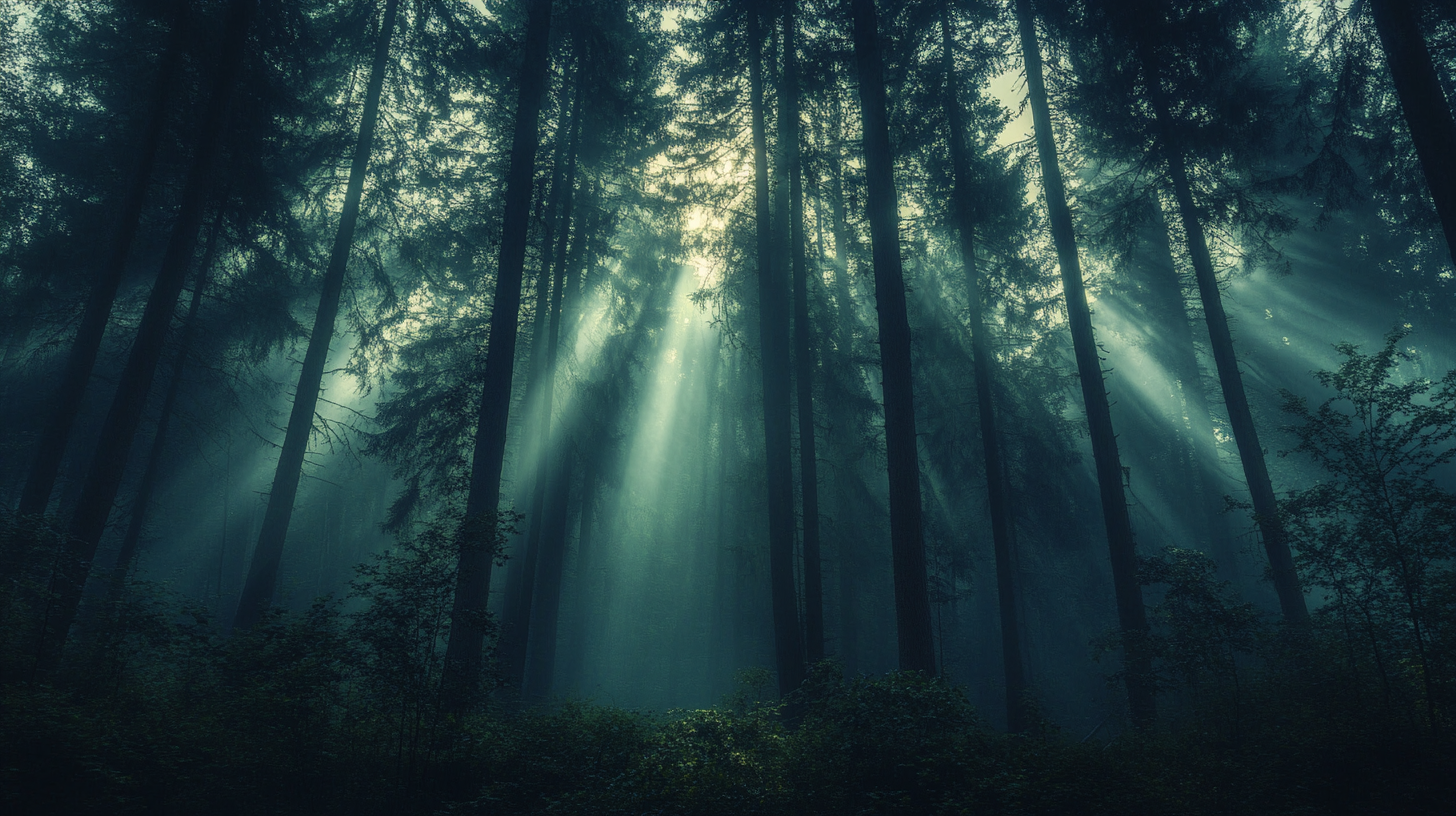 Mysterious tree cathedral with towering backlit trees in shadowy colors.