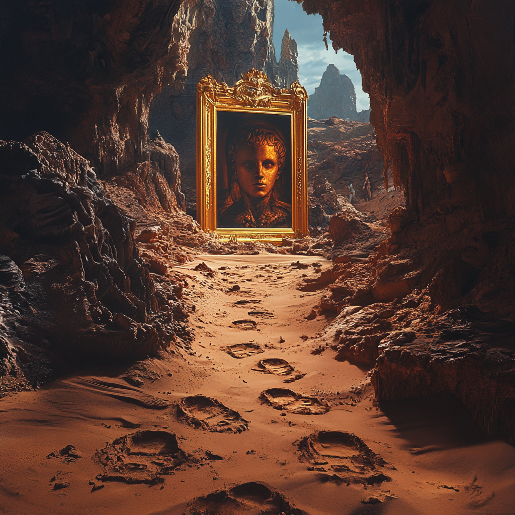 Mysterious tribal scene with golden-framed painting in sacred space.