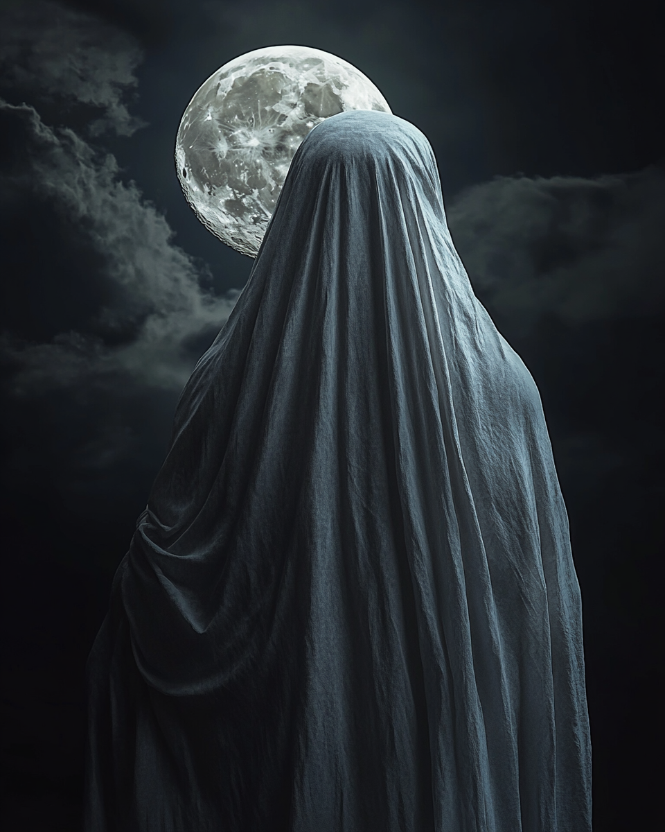 Mysterious woman in moonlight with veil, full moon.