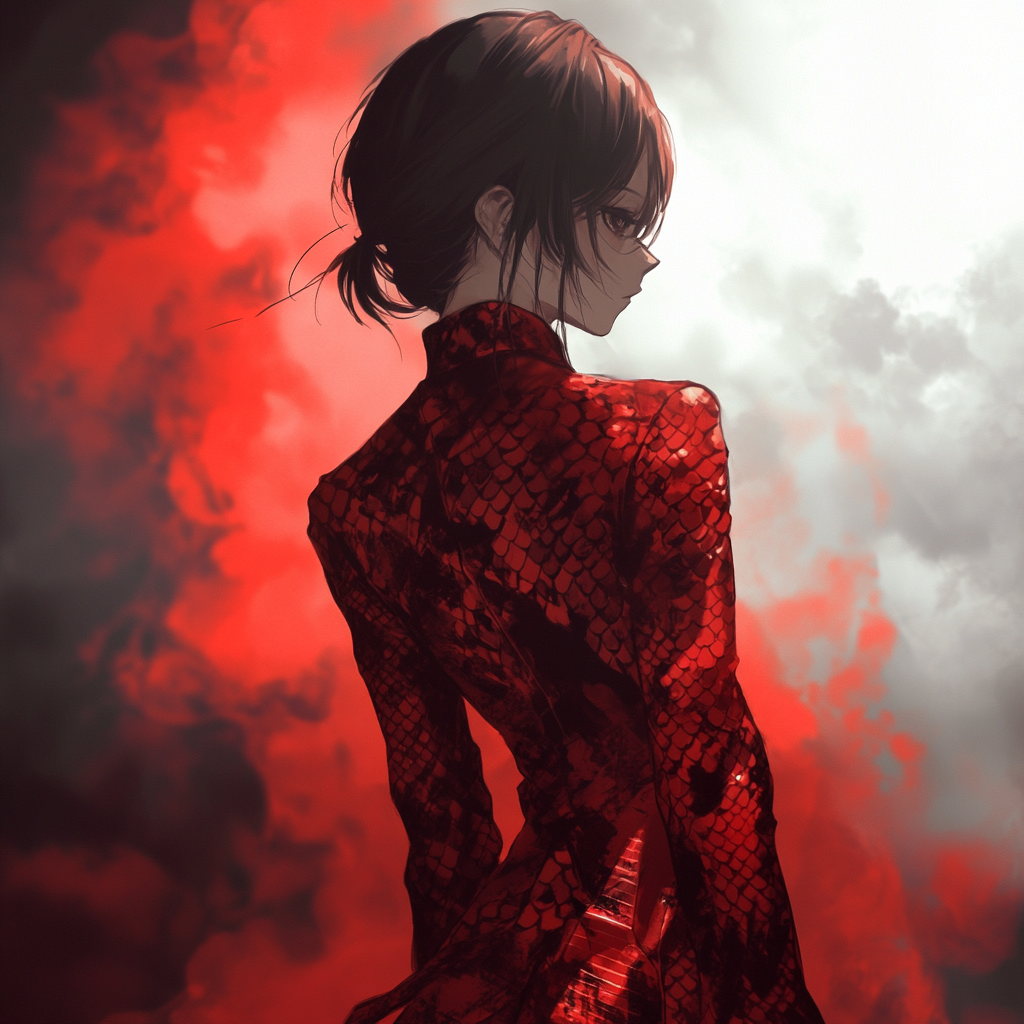 Mysterious woman in red snake-patterned outfit standing proudly