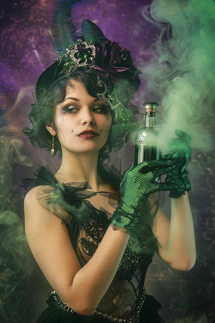 Mysterious woman in sparkling attire holds green potion