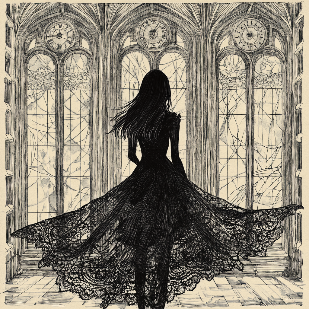 Mysterious woman stands by grand gothic window art.