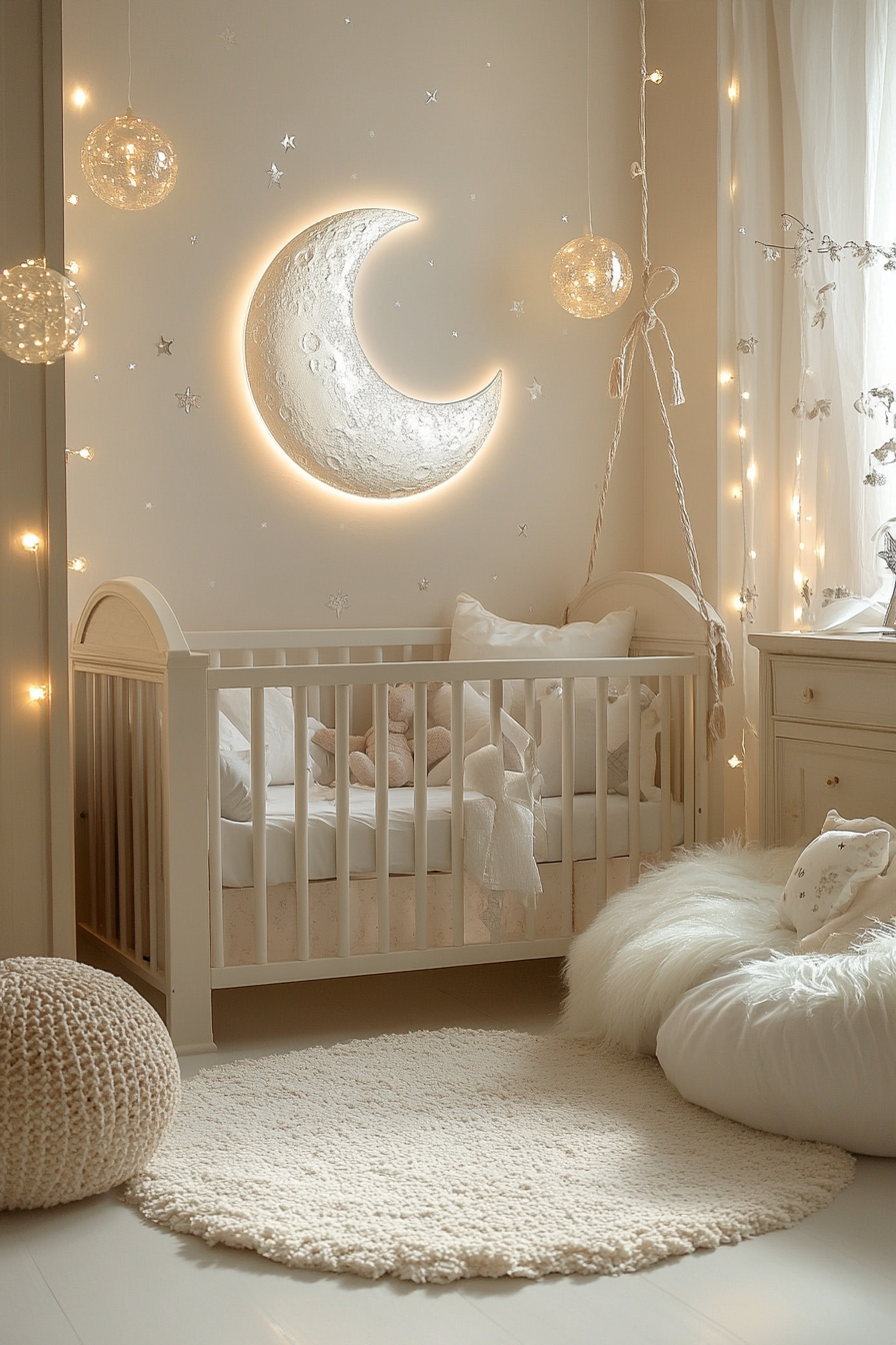 Mystic Moonbeam-themed nursery with moon-inspired decor, peaceful atmosphere.