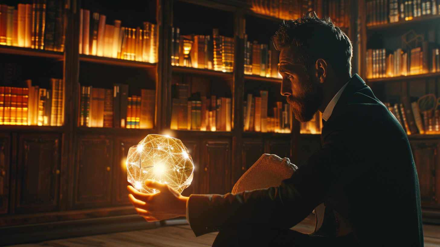 Mystic in black suit gazes into glowing light ball.