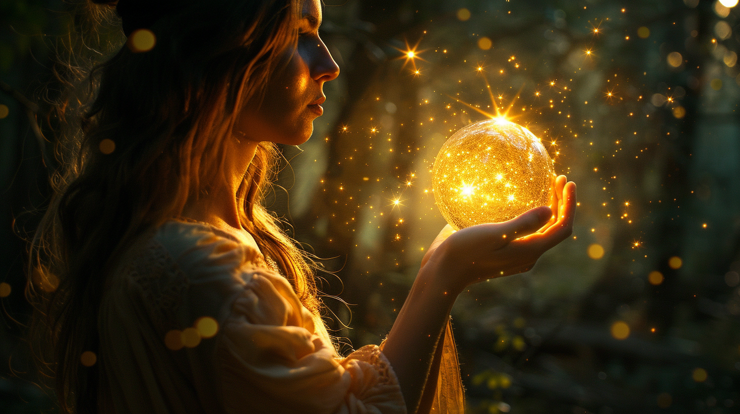 Mystic in flowing robes holds glowing ball of light.