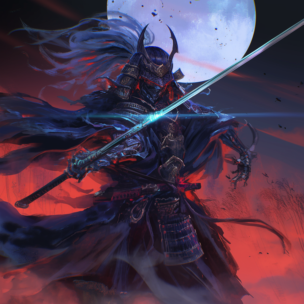 Mystic samurai with katana, anime style, high fantasy.